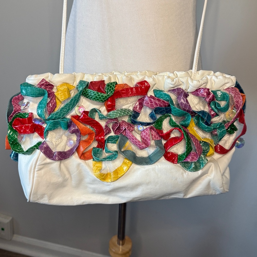 Vintage Rita Diana for Mylinka White Leather Colorful Embroidered Women's Bag